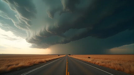 Fototapeta premium Dramatic Storm Clouds and Rain Over Rural Road in Golden Field - Powerful Nature Weather Landscape Horizon Perspective POV Vantage Point View