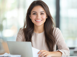 Obraz premium smiling woman with long hair sits at desk with laptop, exuding confidence and positivity in bright office environment