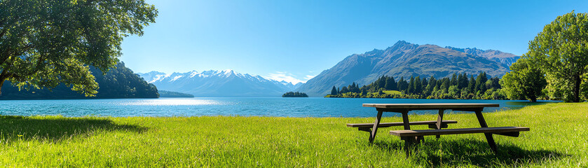 Obraz premium serene picnic spot by Lake Wanaka, surrounded by lush greenery and majestic mountains. clear blue sky reflects on tranquil water, creating peaceful atmosphere