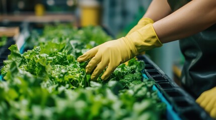 Worker with gloves working on aquaponic farm, sustainable business and coronavirus.