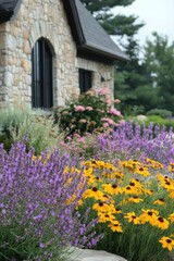 A vibrant array of flowers fills a picturesque garden set before a charming stone house, all embraced by the lush greenery of a tranquil summer afternoon