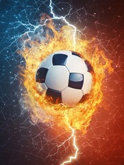 Fototapeta premium Soccer ball on fire and water with lightening around on abstract polygonal background. Horizontal layout with text space.