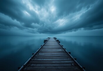 Fototapeta premium Serene Waterscape. Wooden Pier Extending Into Misty Lake Creates A Beautiful Leading Line. Dramatic Clouds. Soft Reflections. Tranquil Atmosphere. Calming Blue Tones Dot The Image.