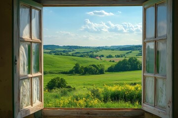 Open window overlooking rolling green hills and lush landscape
