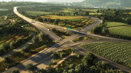 A stunning aerial view of a highway intersection surrounded by lush, green agricultural fields, showcasing rural landscapes and modern infrastructure.