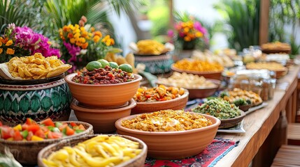 Fototapeta premium An exquisite array of vibrant dishes beautifully displayed on a wooden table.