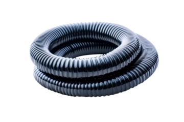 Flexible black tubing coils creating intriguing shapes on a clean backdrop isolated on transparent background
