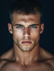Obraz premium Portrait of a young, muscular man, looking directly at the camera, with a serious expression.