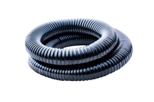 Flexible black tubing coils creating intriguing shapes on a clean backdrop isolated on transparent background