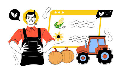 Agronomist man concept. Farmer near pumpkin and tractor. Smart farm application. Farming and agriculture. Guy with natural and organic products. Linear vector illustration
