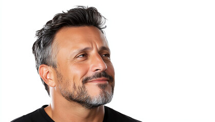 Obraz premium close up portrait of middle aged man with beard, smiling gently, showcasing confident and relaxed demeanor. background is plain white, emphasizing his features
