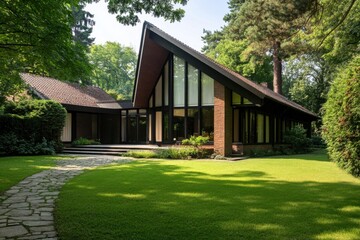 Obraz premium Modern architecture of a sleek house surrounded by lush greenery during a sunny day in a serene neighborhood with well-maintained gardens