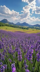Obraz premium Lavender Field in Full Bloom Under a Bright Blue Sky With Fluffy Clouds in the Mountains