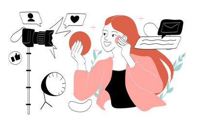 Obraz premium Beauty blogger concept. Woman with powder near camera. Young girl with make up and cosmetics. Popular personality and influencer create interesting content. Linear vector illustration