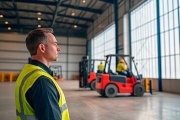 A warehouse supervisor stands attentively, observing forklift drivers as they maneuver goods inside a spacious industrial building. Safety measures are evident