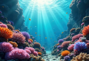 Naklejka premium vibrant underwater community showcasing rich diversity tropical corals colorful marine life lush aquatic environment, aquarium, beautiful, biodiversity