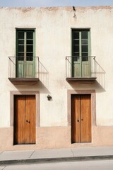 Fototapeta premium Beautiful historic facade featuring two wooden doors and green windows in a traditional building located in a quaint town during midday