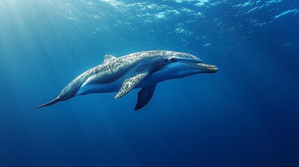 Fototapeta premium A dolphin swimming in the crystal-clear blue water of the ocean surrounded by sunlight and aquatic life. Generative AI