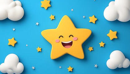 cheerful yellow star with smiling face surrounded by white clouds and smaller stars on bright blue background creates whimsical and joyful atmosphere