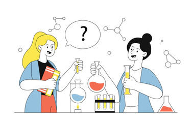 Chemistry experiments in lab. Women in medical uniform with flasks with reagents. Scientific and chemical research of substance and reagent. Linear vector illustration
