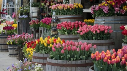 Vibrant Tulips in Wooden Barrels &ndash; Colorful Spring Flower Market Display