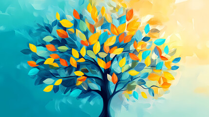 A vibrant, stylized tree design featuring colorful leaves in shades of green, yellow, and blue, symbolizing nature and growth. Beauty - Portrait. Illustration