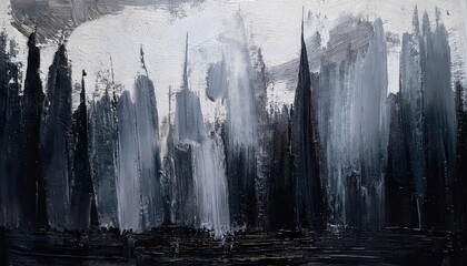 monochrome abstract cityscape painting with vertical brushstrokes, textured black and white skyline, modern urban wall art

