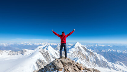hiker standing triumphantly on rocky peak, celebrating successful climb with arms raised against clear blue sky. majestic mountains surround scene, creating sense of achievement and adventure