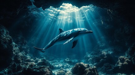 A dolphin exploring a hidden underwater cave illuminated by the bright rays of sunlight from above the ocean surface. Generative AI