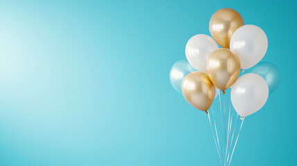 cluster of shiny white and gold balloons floating against blue background, creating festive and cheerful atmosphere. Perfect for celebrations and events