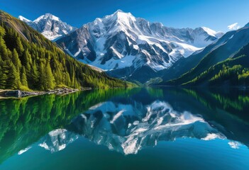 Fototapeta premium majestic snow capped mountain peaks reflected tranquil blue lake under cloudless sky lush green surroundings, summit, reflection, clouds, water, nature