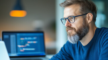 focused man with glasses works on laptop in modern office, surrounded by technology. His attentive expression reflects concentration and dedication to his task