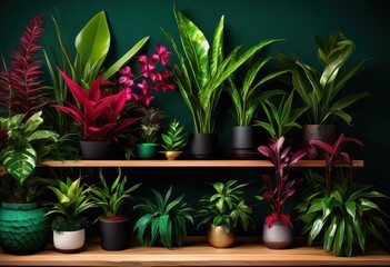 Fototapeta premium vibrant indoor plant collection showcasing rare shades stunning colors your home decor, green, houseplant, succulent, fern, tropical, foliage, ornamental
