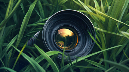 Camera lens in the grass. Beauty - Portrait. Illustration