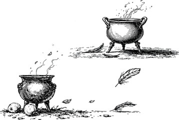 Vintage witchs cauldron with bubbling potion, engraved illustration