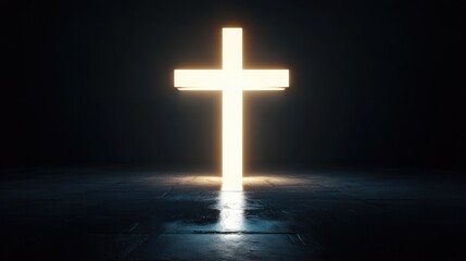A glowing white cross emits radiant light against a dark background symbolizing hope faith and spirituality
