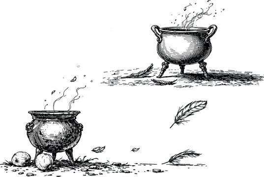 Vintage witchs cauldron with bubbling potion, engraved illustration