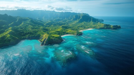 Naklejka premium Stunning coastal aerial view of a rugged tropical island and clear ocean waters. Generative AI
