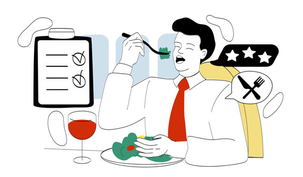 Food critic man. Young guy in cafe or restaurant eat vegetables. Review and client opinion. Gourmet dishes and alcoholic beverages. Guest and inspector. Linear vector illustration