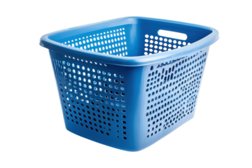 Bright blue laundry basket ready for household chores and organization in a cozy home setting isolated on transparent background