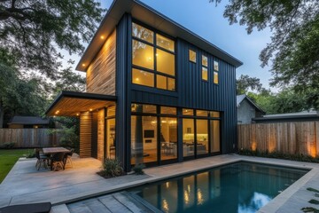 Fototapeta premium Modern architectural design showcases a stunning home with large windows, a sleek pool, and a beautifully landscaped yard during twilight