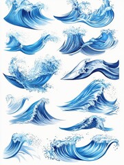 Line sea wave. Ocean water wavy elements, splashing blue storm waves isolated vector set