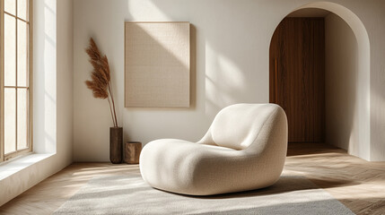 Modern Living Room With Plush Armchair and Wooden Cabinet A serene, minimalist living room featuring a stylishly curved white couch