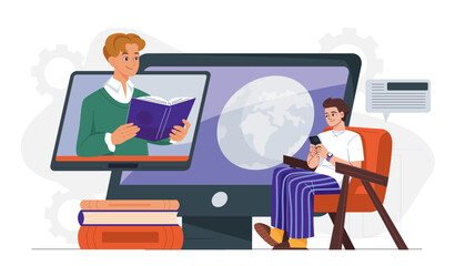 Geography class online. Remote training and education. Distant school or university. Student watching teachers lecture on internet. Digital learning. Flat vector illustration