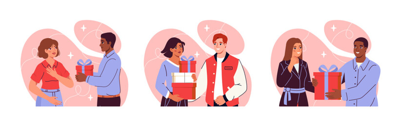 People with gifts set. Men and women with giftboxes. Presents and surprises. Friends celebrate New Year, Christmas, birthday or Valentines Day. Flat vector collection