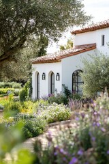 Fototapeta premium Beautiful garden pathway leads to a charming white house surrounded by vibrant flowers and olive trees in a peaceful setting