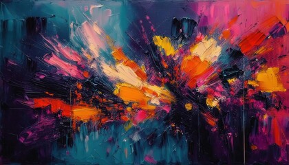 dynamic explosion of vibrant colors in abstract oil painting with textured brushstrokes, perfect for modern wall decor

