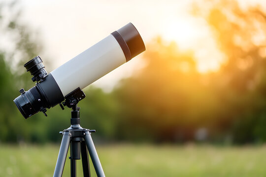Telescope observes the twilight sky, mounted in a grassy field, searching for distant stars and cosmic phenomena as dusk descends.