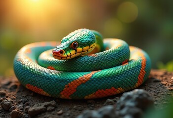 Fototapeta premium intricate close vibrant snake coiled textured surface exposing its unique patterns colors eye catching visual appeal, detail, reptile, skin, scale, nature