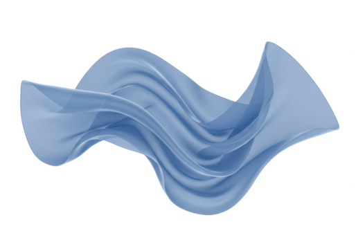 A delicate translucent blue silk fabric floating in mid-air forming elegant curves and waves isolated on transparent background